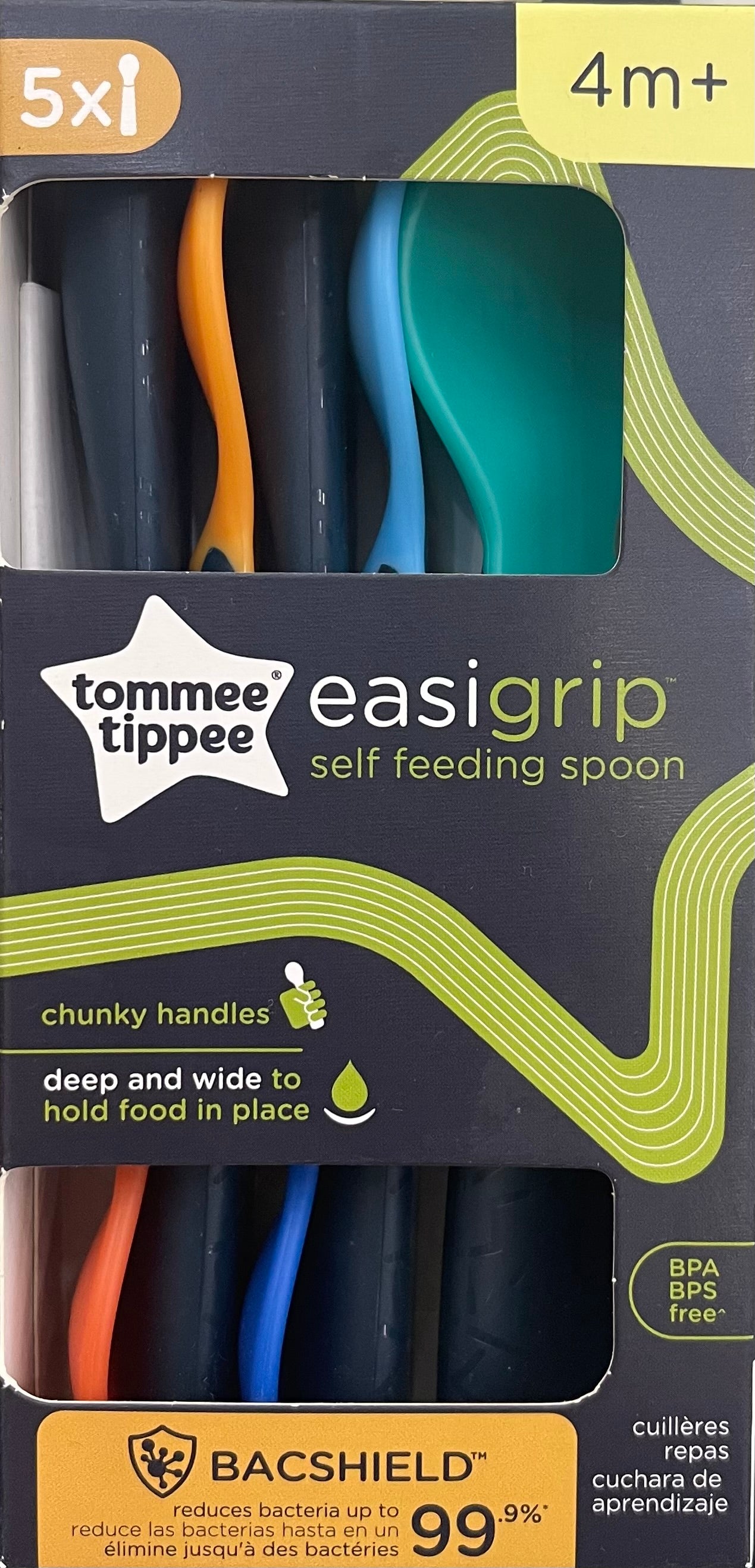 ملاعق فطام إيزي جريب ذاتية التغذية من تومي تيبي، مزودة بتقنية باك شيلد المضادة للبكتيريا، بمقابض سميكة، للأطفال من عمر 4 أشهر فما فوق، عبوة من 5 قطع