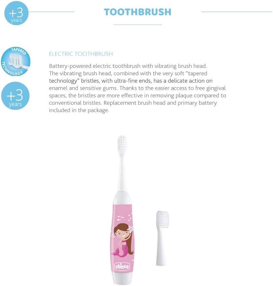 Chicco Electric Toothbrush for Children with Light Vibration, Soft Bristles, Ergonomic Grip, Replacement Head and Cap - Toothbrush for Children 3 Years Old