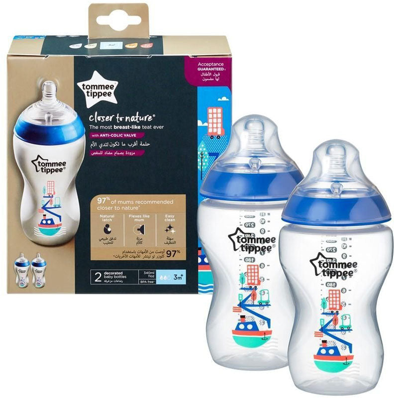 Tommee Tippee 3m+ Pack Of 2x 340ml Combat Colic Feeding Bottle Boat