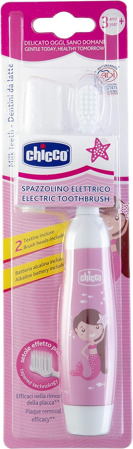 Chicco Electric Toothbrush for Children with Light Vibration, Soft Bristles, Ergonomic Grip, Replacement Head and Cap - Toothbrush for Children 3 Years Old