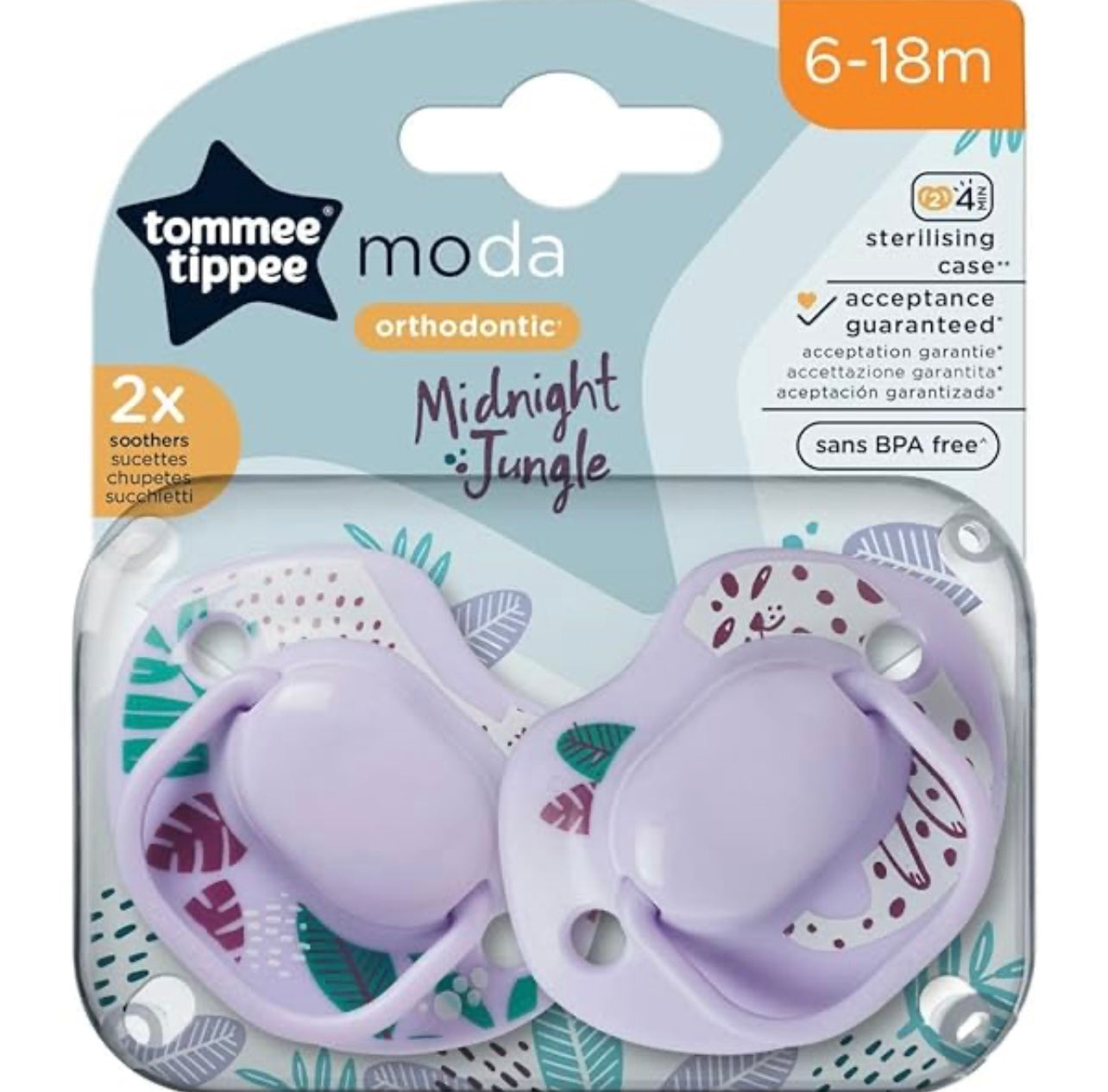 Tommee Tippee 6-18m Moda Midnight Jungle Soothers Pacifiers purple