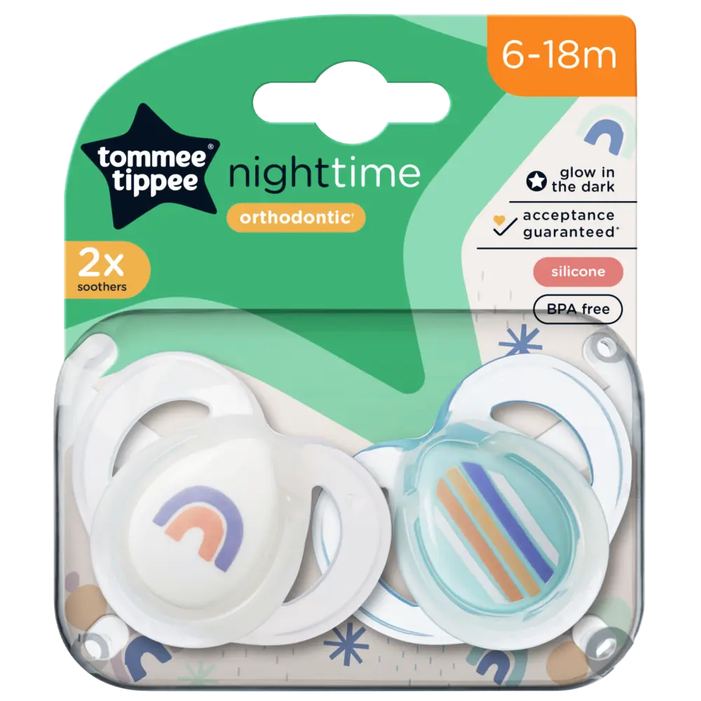 Tommee Tippee Night Time Orthodontic Soothers 6-18m 2 Pack BPA Free Silicone
