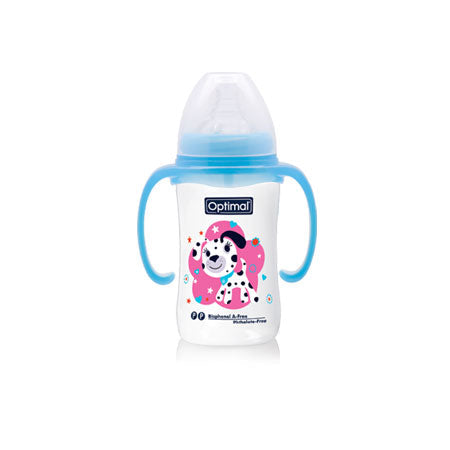 Optimal P. P wide neck feeding bottle with handle 240 ml 6 months +