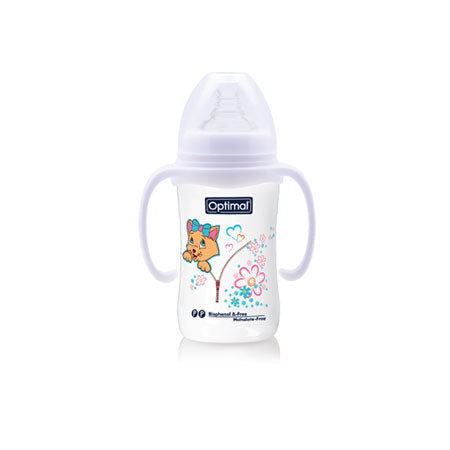 Optimal P. P wide neck feeding bottle with handle 240 ml 6 months +
